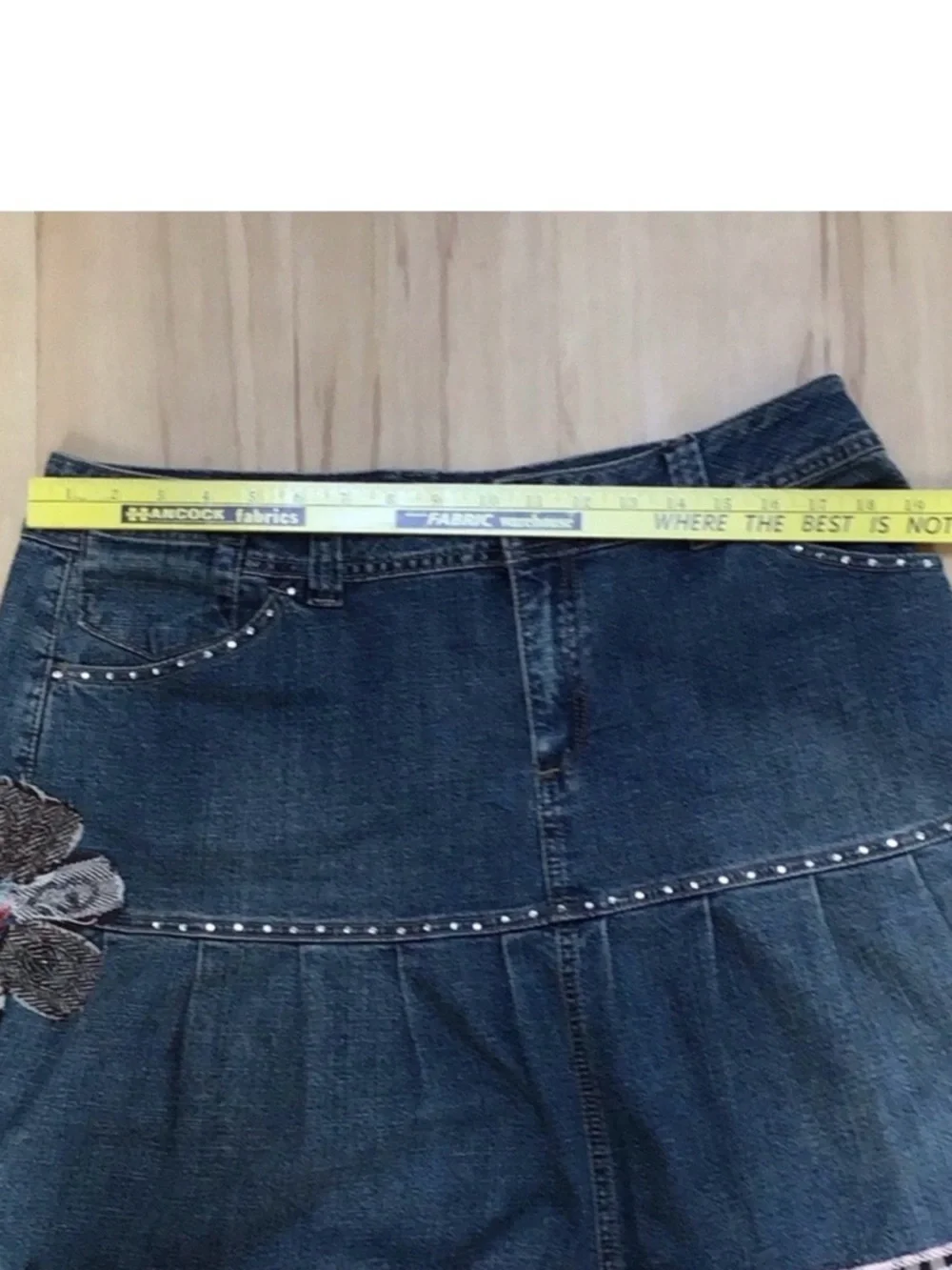 Y2K Rhinestone Bling Plaid Flower Ruffled Blue‎ Jean Denim Pleat Twee Mini Skirt